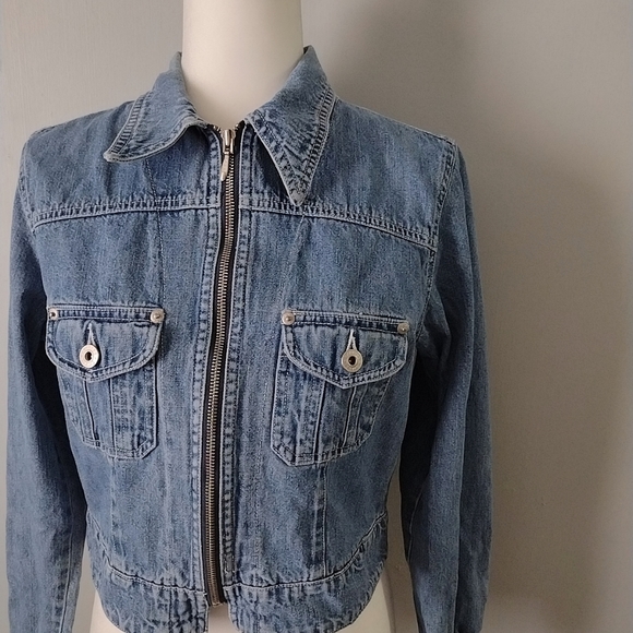 Vintage Express Cropped Waist Casual Long Sleeve Denim Zipper Jean Jacket - Picture 4 of 7
